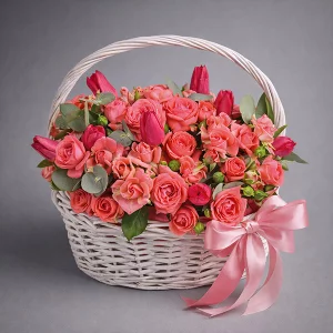 Заветная мечта - корзина с кустовыми розами и тюльпанами